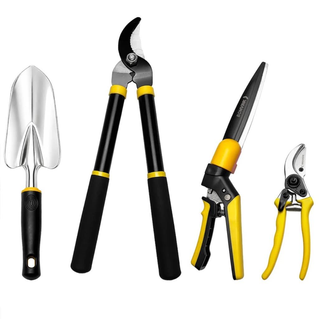 Kit Jardinagem 4 Peças Com Pá Tesoura Tesourão De Podar Grama Aparador Cabo Longo Podão