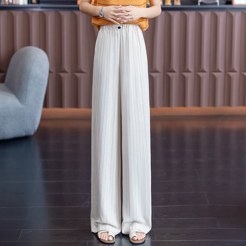 Estilo coreano verão novo estilo linho listrado calças de perna larga feminina cintura alta Drape olhar alto solto em li