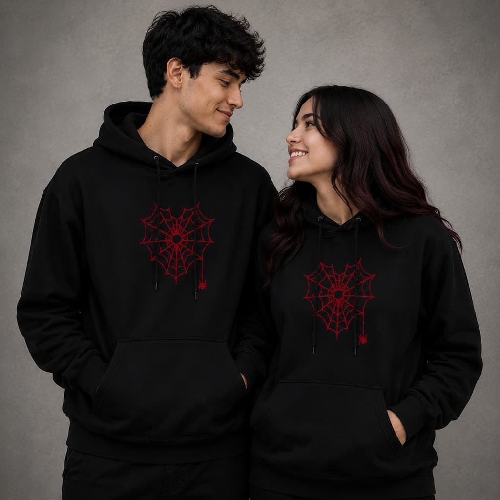 Kit Casal Moletom Canguru Coração Teia Vermelha Streetwear Unissex Presente Casal Premium