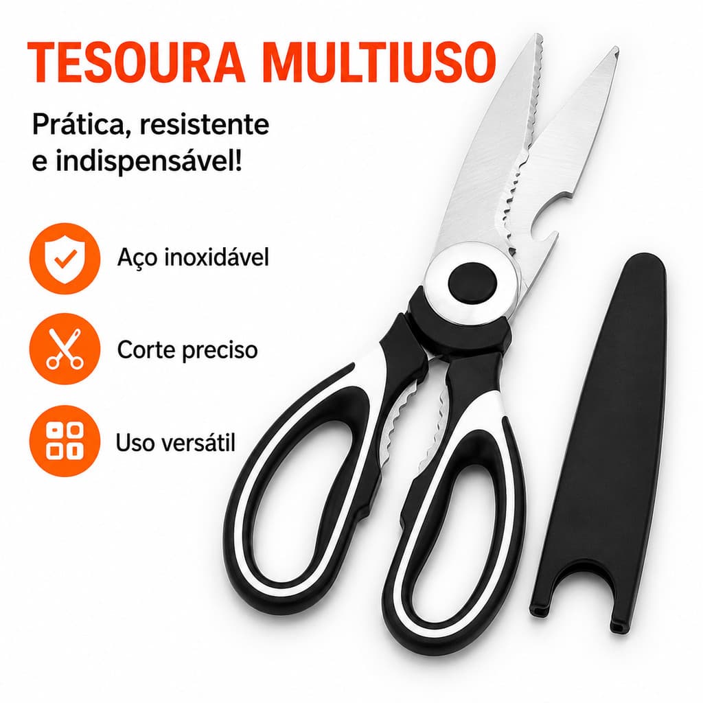 Tesoura de Cozinha Multifuncional Aço Inox com Abridor de Garrafas Quebra-Nozes e Cabo Ergonômico