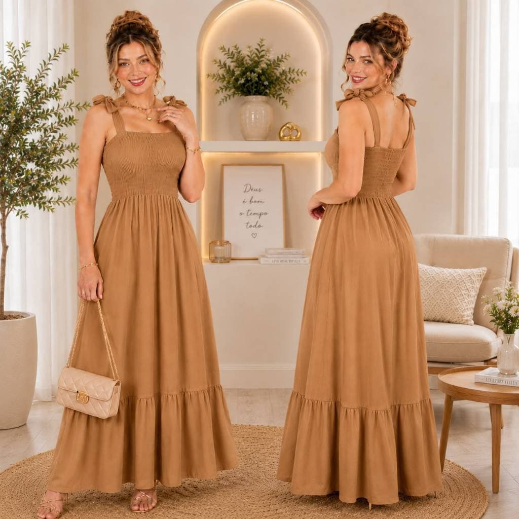 Vestido Longo Feminino  Lastex Alça de Amarrar Tamanho Único Moda Evangélica Casual Elegante Verão