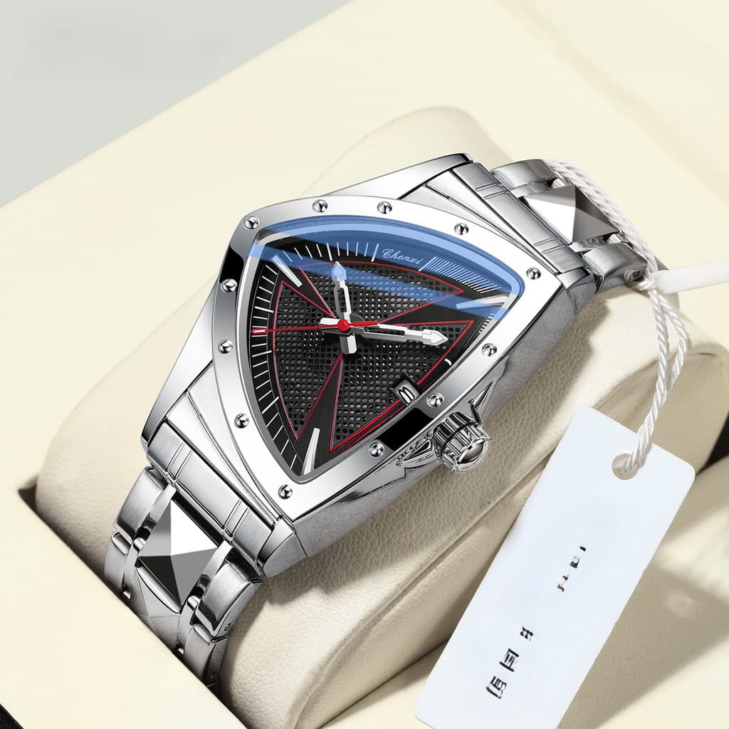 Relógio masculino triangular oco de moda, pulseira de aço, quartzo luminoso, alta qualidade, resistente à água