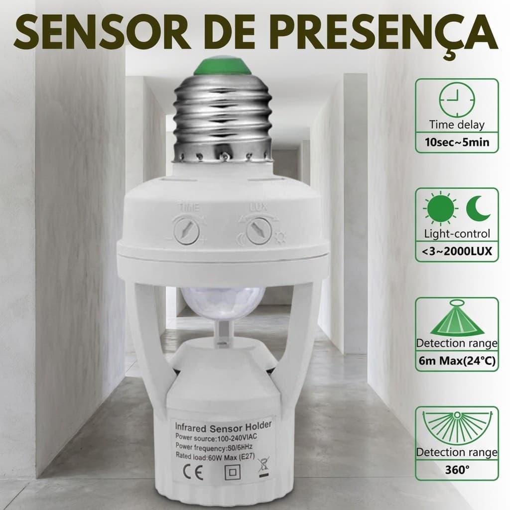 Soquete E27 Com Sensor De Movimento Lâmpada Iluminação Externa Varanda Quintal Bivolt