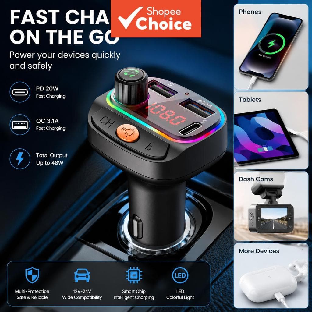 BLUETOOTH 5.3 Transmissor Fm Mãos-Livres Carregador De Carro Aux Mp3 Player Com Adaptador De Carregamento Rápido
