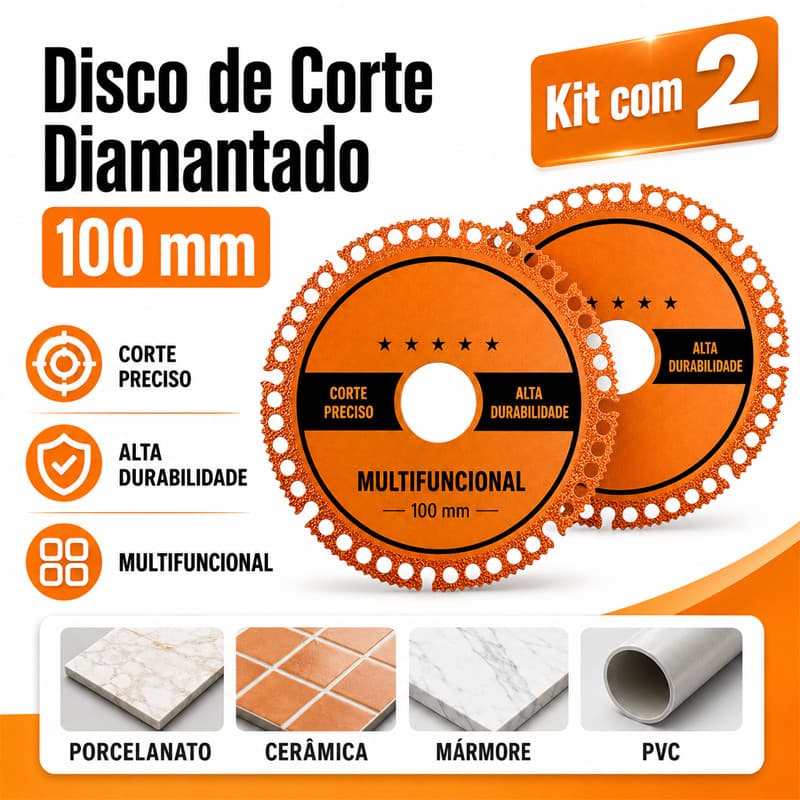 Disco de Corte para Porcelanato 6 em 1 Diamantado 100mm, Lâmina Multifuncional para Cerâmica, PVC e Metal