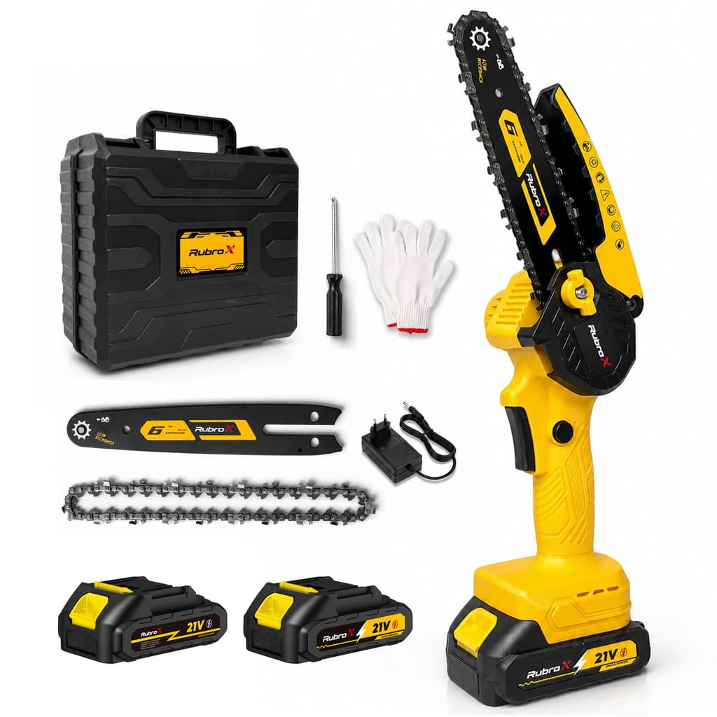 RubroX Motosserra Mini 6-Inch Portable Electric Chainsaw Rechargeable Bivolt 21V 2 Batteries Case