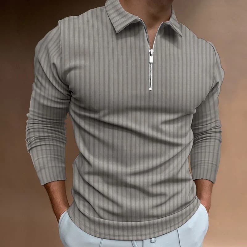 Camisa Polo Masculina Listrada da Moda, Camisa Polo Masculina de Cor Sólida com Lapela e Zíper, Camisa Casual de Manga L