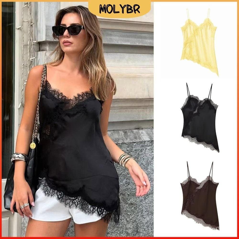 Top de Renda com Detalhes em Patchwork MOLYBR, Blusa Sem Mangas e Costas Descobertas, Elegante Top Assimétrico Feminino