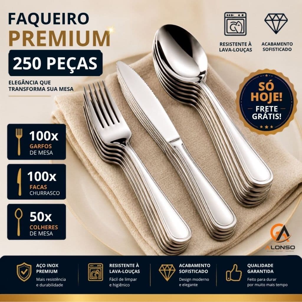 Kit 250 Peças Talheres em Aço Inox 100 Facas 100 Garfos 50 Colheres Casa Cozinha Buffet Restaurante