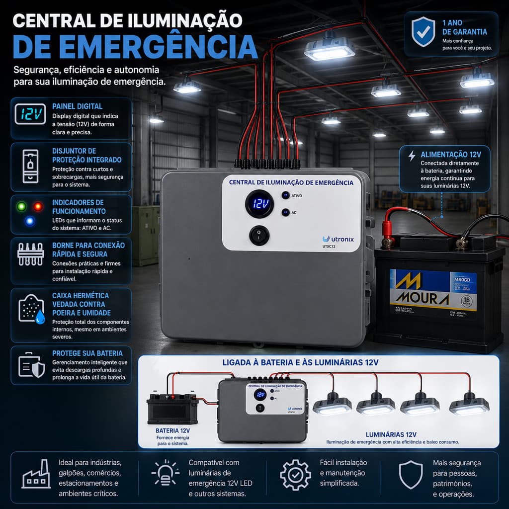 Central Iluminação Emergência Coletiva 12v 600w 50a Potente