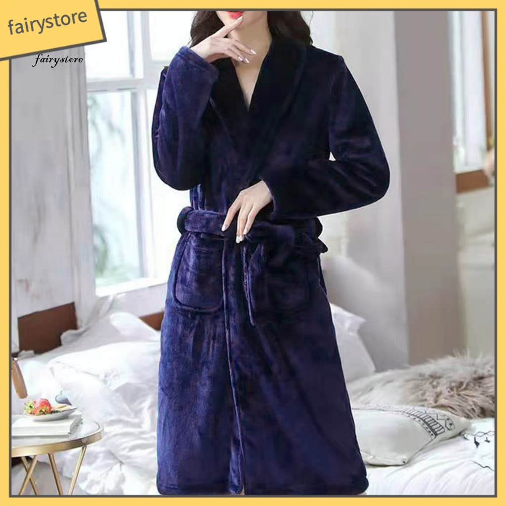 Nightgown Solid Color Lapel Tie Robe Men Women Plush Fleece Bathrobe Knee-length Winter Loungewear Soft Water-absorbent