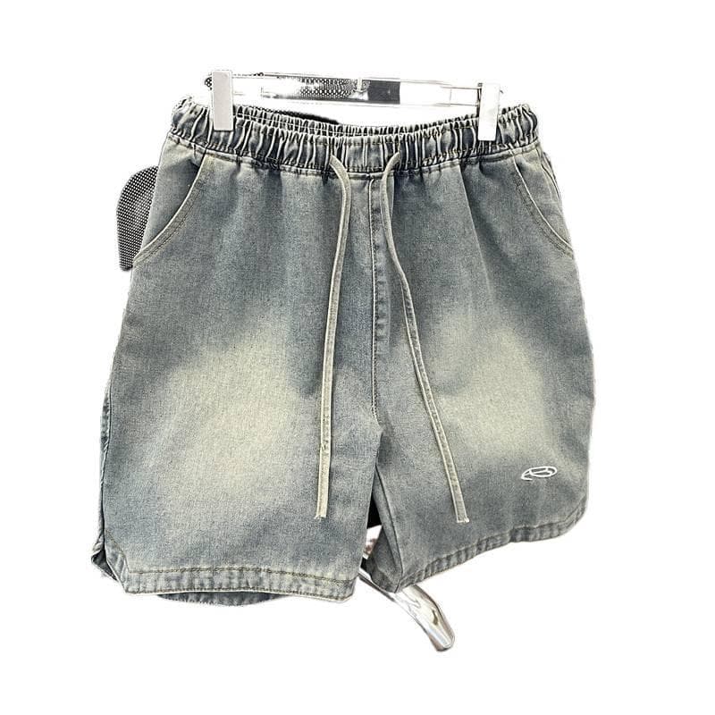 Shorts masculinos de ganga lavada estilo street, modelo slim de verão, roupa de rua, calças curtas soltas com bordados a