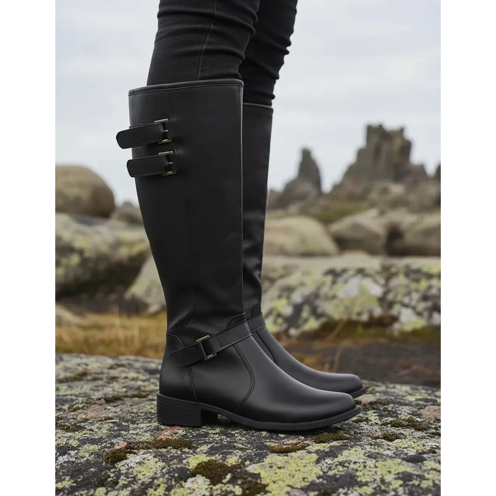 Bota Montaria Feminina Cano Longo Com Fivelas Sintético Luxo Moderno