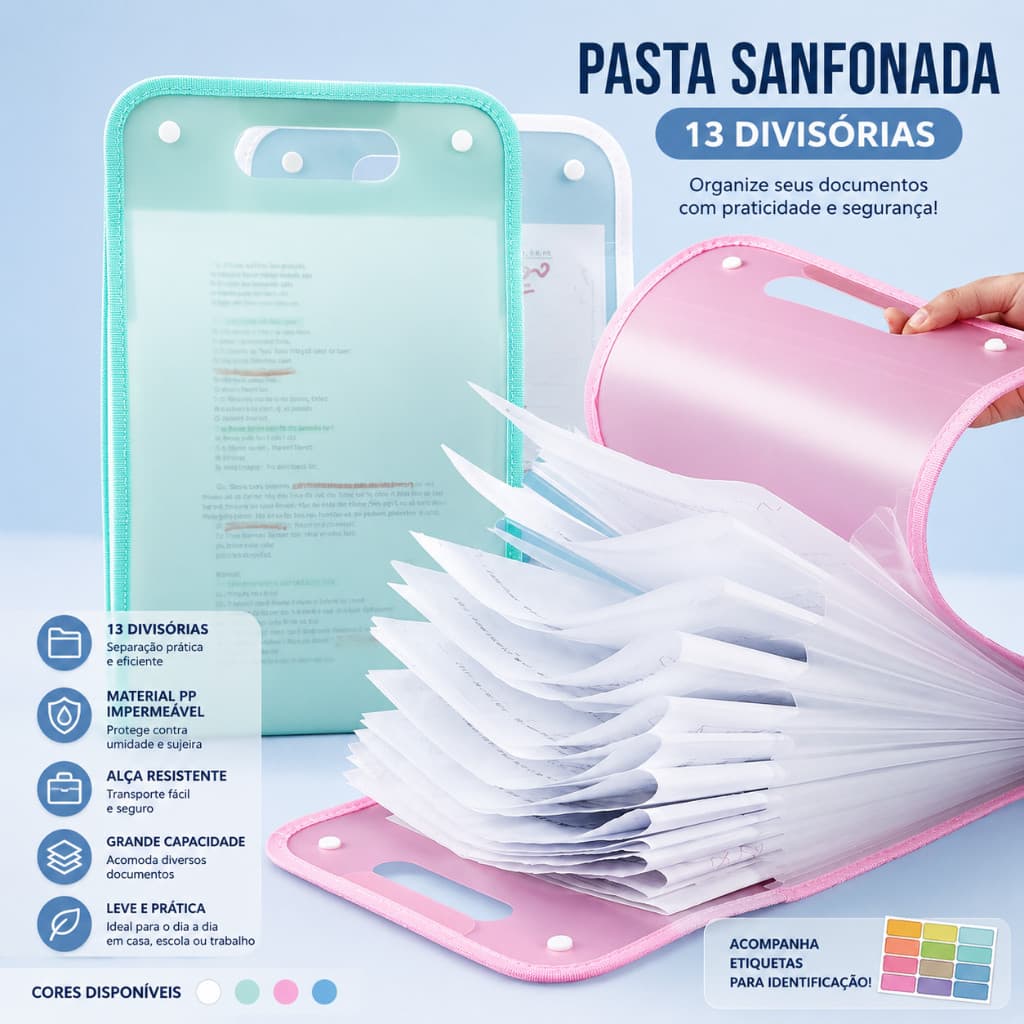 Pasta Sanfonada A4 12 Divisórias Classificador de Documentos Papelaria