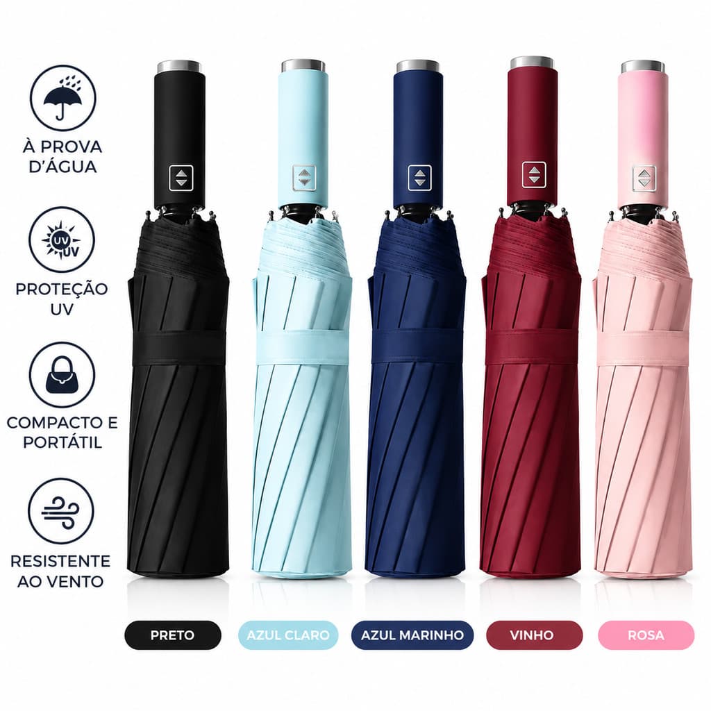 Guarda-Chuva Automático Grande 12 Hastes Dobrável Reforçado Proteção UV Impermeável Anti Vento