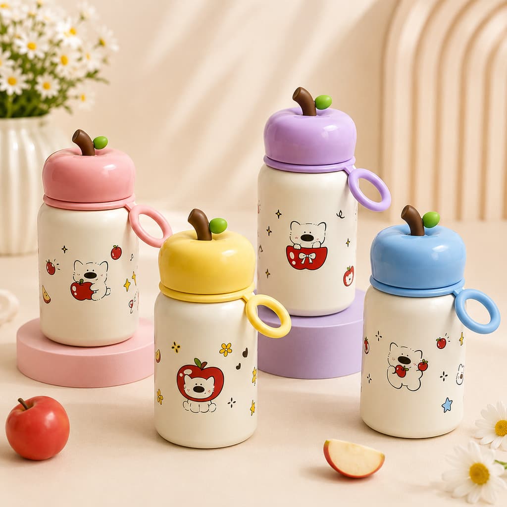 Garrafa Térmica Infantil 340ml Aço Inox 304 com Canudo e Alça Copo Desenho Animado Antivazamento