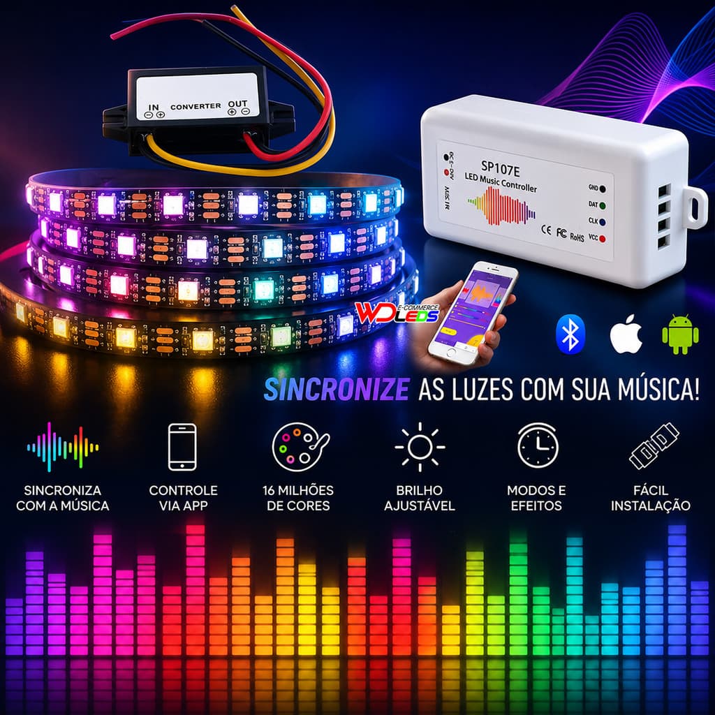 Kit Vu Som Automotivo Central Sp107e 5 Metros De Fita Ws2812