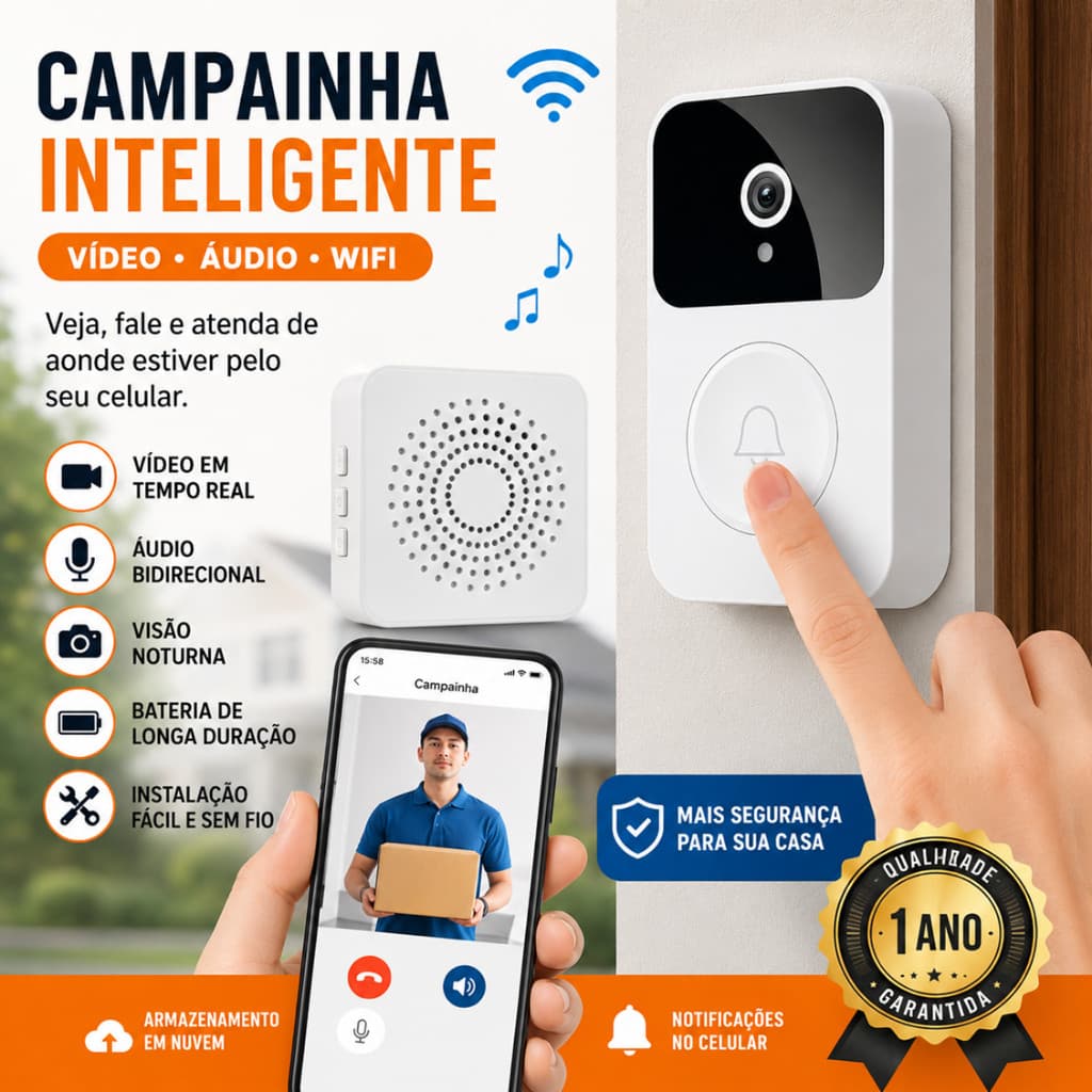 Campainha Inteligente WiFi com Câmera HD Vídeo Porteiro Sem Fio Áudio Bidirecional Visão Noturna