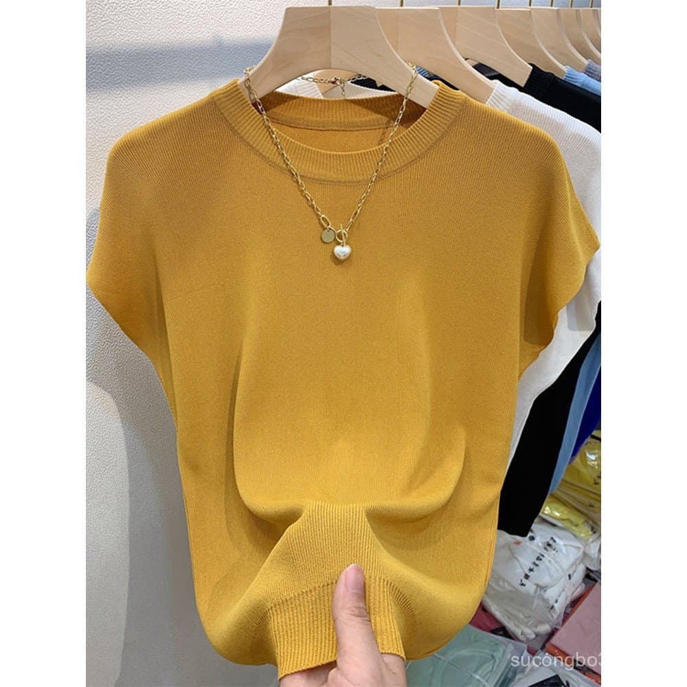 Camiseta feminina de manga curta, camiseta de manga curta de novo estilo, camiseta de seda fina para o verão, camiseta c