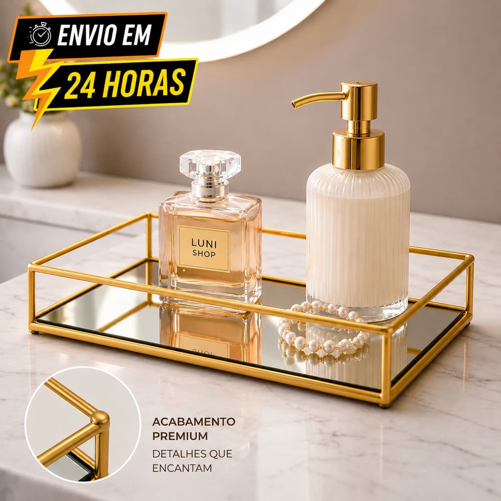 Bandeja Espelhada Dourada Decorativa Organizadora Maquiagem Penteadeira Perfumes Banheiro Lavabo