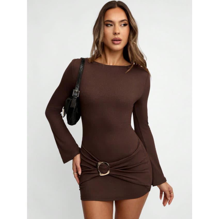 G25D129 Vestido curto europeu americano de manga comprida, cor sólida, justo, temperamento, quadril