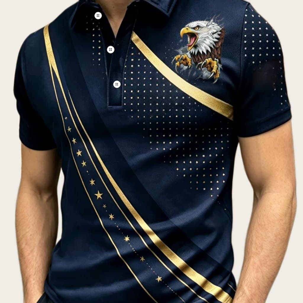 Camisa polo de manga curta, camisa polo águia de cabeça branca masculina, listras de cores contrastantes casual lapela m