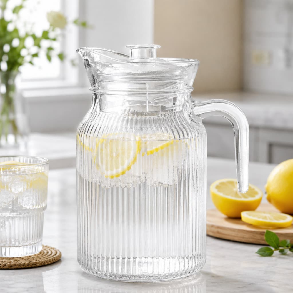 Jarra de Vidro com Alça e Tampa 1,2L 1200ML Requintada Luxo Mesa Posta Transparente Suco Água Vinho
