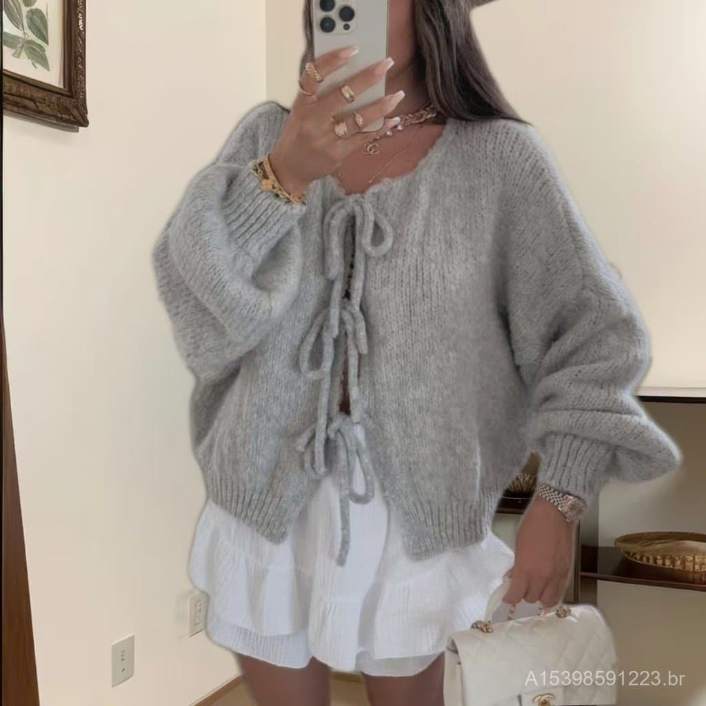 Cardigan de malha com cadarço, gola redonda, europeu, americano, transfronteiriço, outono inverno, novo estilo, cor sóli