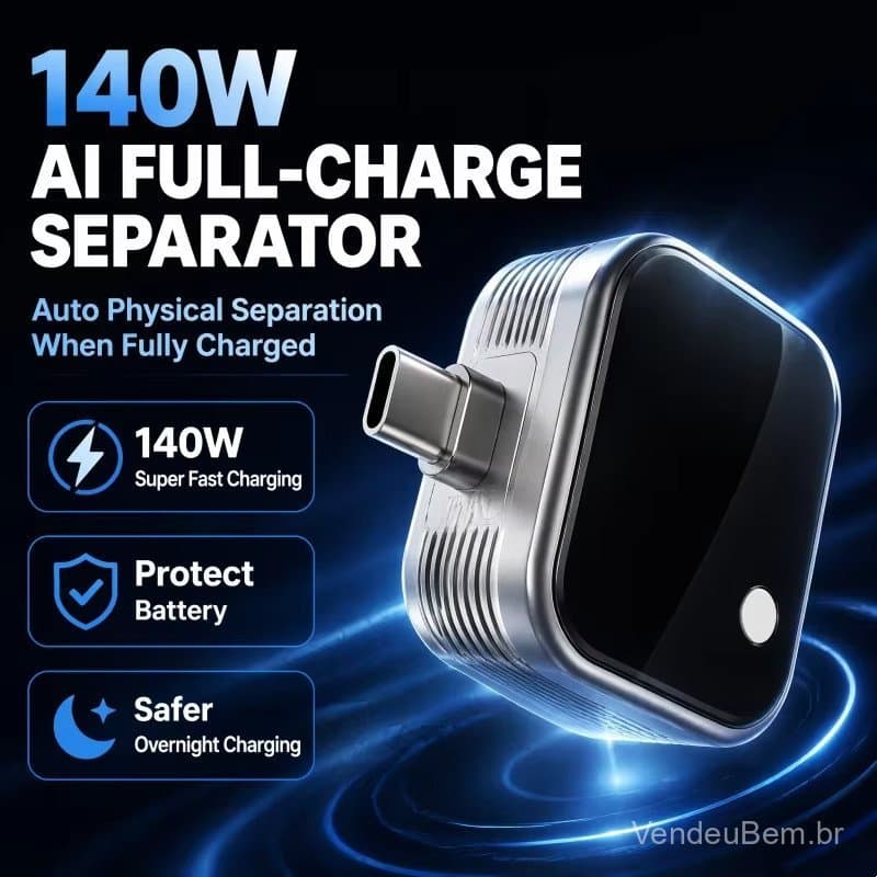 Novo Adaptador Tipo-C de 140W com Desconexão Automática, Corte Inteligente de Carga Completa, Proteção de Bateria para T