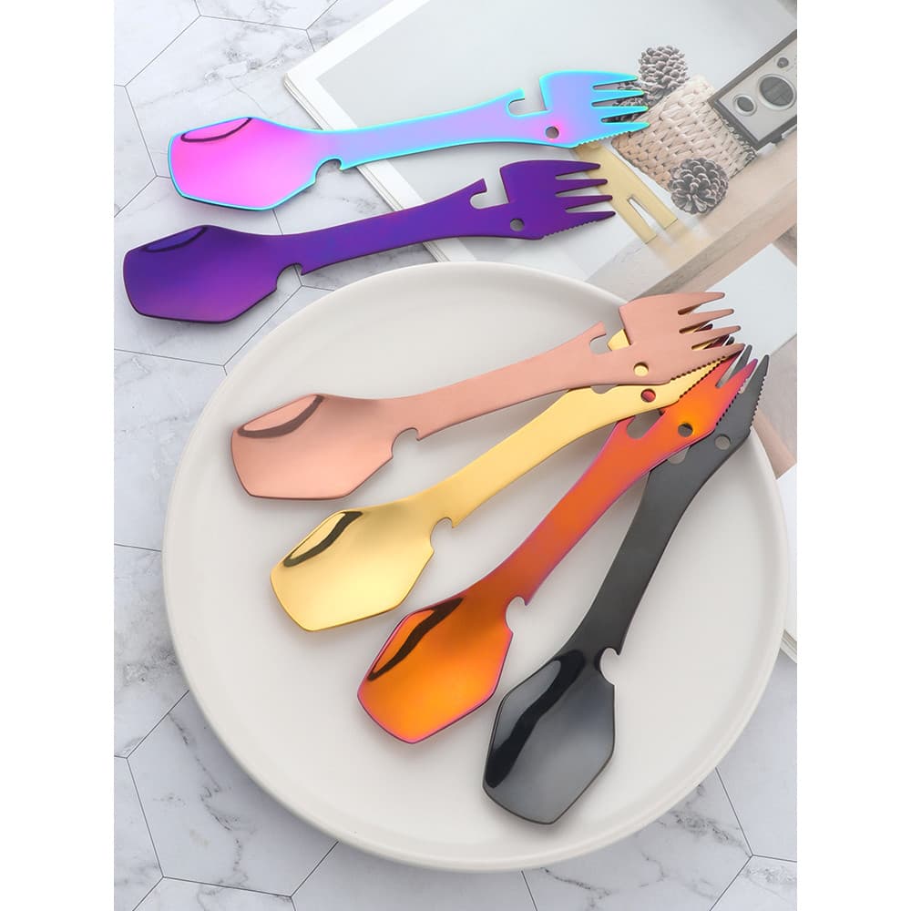 Aço inoxidável utensílios de mesa acampamento ao ar livre multifuncional garfo colher integrado abridor garrafa portátil