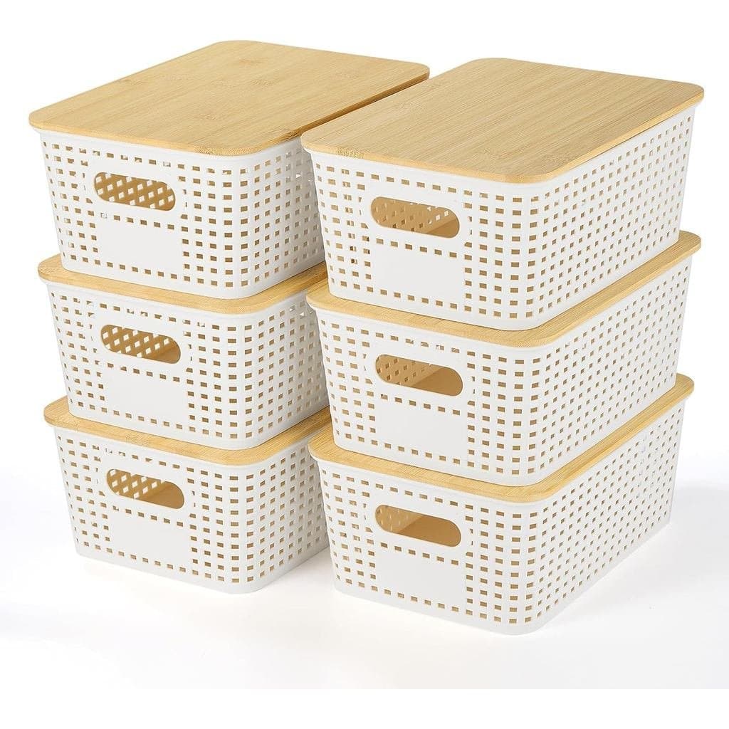 Cestas de de Plástico com Tampa de Bambu - Recipientes de de Plástico Empilháveis: Cestas de