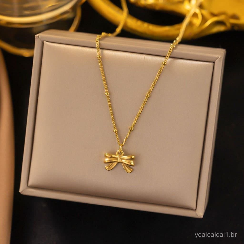 Colar de aço inoxidável 18K com contas de laço da moda, corrente de clavícula feminina, simples, estilo blogger, mesmo e