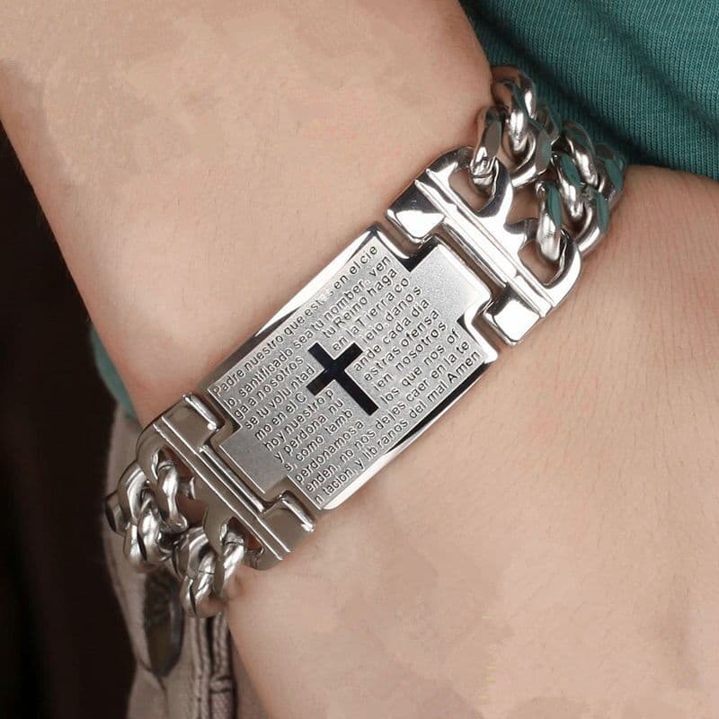 2026 novo estilo pulseira de corrente Punk masculino cruz fileira dupla titânio aço inoxidável casal ano do cavalo estil