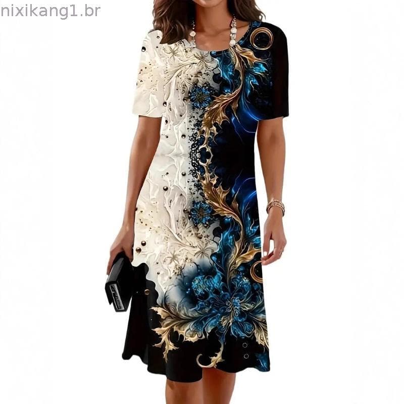 Novo Estilo De Verão Estampado Em Torno Do Pescoço Pulôver Feminino Linha A Vestido De Manga Curta Europeu .