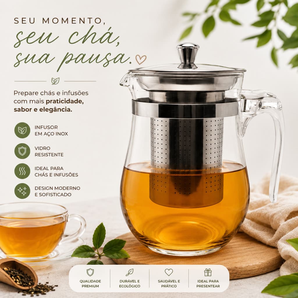 Chaleira Com Infusor  Vidro 500ML  Bule Chá Café  Metal