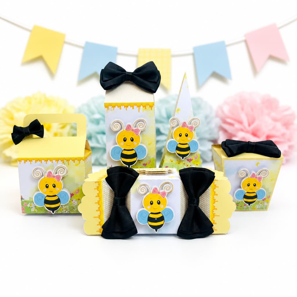 Kit Caixa personalizada 15/25/50 Aniversário abelhinha papelaria festa Milk Piramide Bala maleta lembrancinha