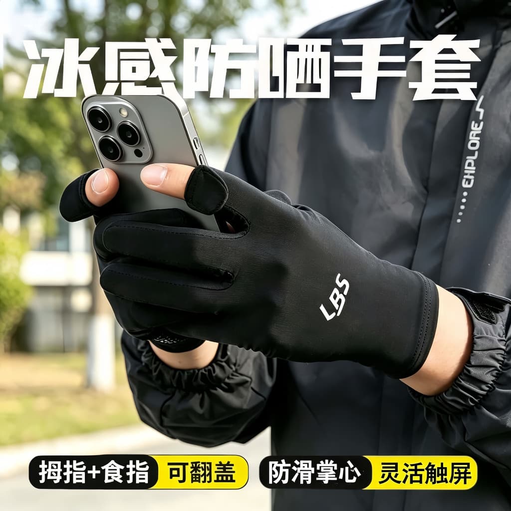 Verão protetor solar luvas de seda gelo respirável estilo fino dois dedos ao ar livre ciclismo Anti-deslizamento esporte