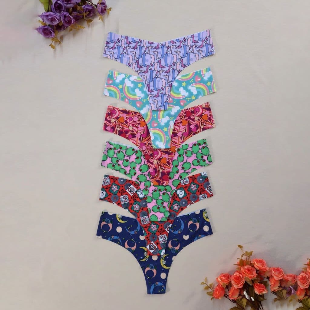 Tanga transfronteiriça de 6 peças impressa seda gelo sem costura cintura baixa flor geométrica Multi-impresso padrão tan