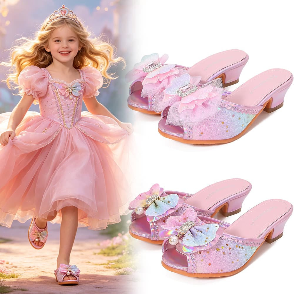 Verão Meninas Glitter Arco-Íris Borboleta Princesa Sapatos Festa Fantasia Chinelos De Fadas Strass Pérola Salto Alto San