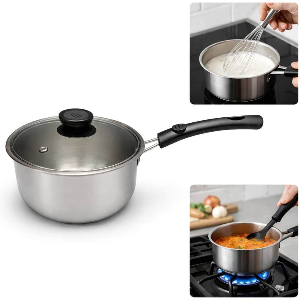 Panela Antiaderente de Alumínio de Cozinha Inox Resistente Para Leite E Sopa  com Tampa de Vidro