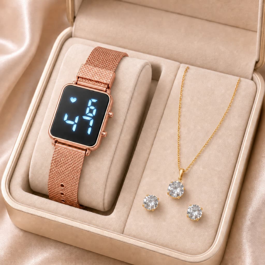 Conjunto Feminino com Relógio Digital, Colar com Pingente de Pedra e Brincos