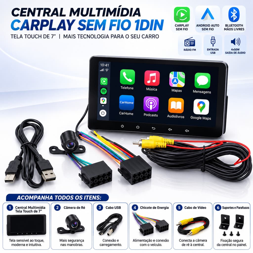 Central Multimídia 1DIN 7 Polegadas CarPlay Android Auto Sem Fio Tela Touch Bluetooth Câmera de Ré FUSHANG