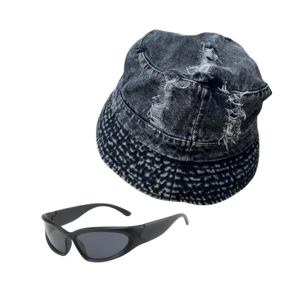 Combo Acessórios Y2K Chapéu Bucket Jeans Rasgado Lavagem Escura e Óculos Prateado Retro Festival Verão
