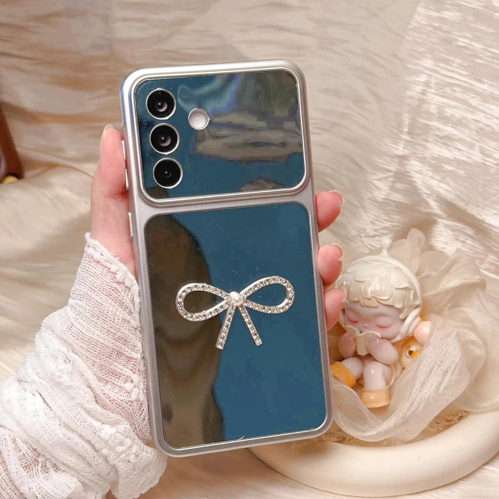 Samsung phone case with glass screen decorated with beautiful diamond bows and pearls for Samsung A27/A57/S26ULTRA/S20FE
