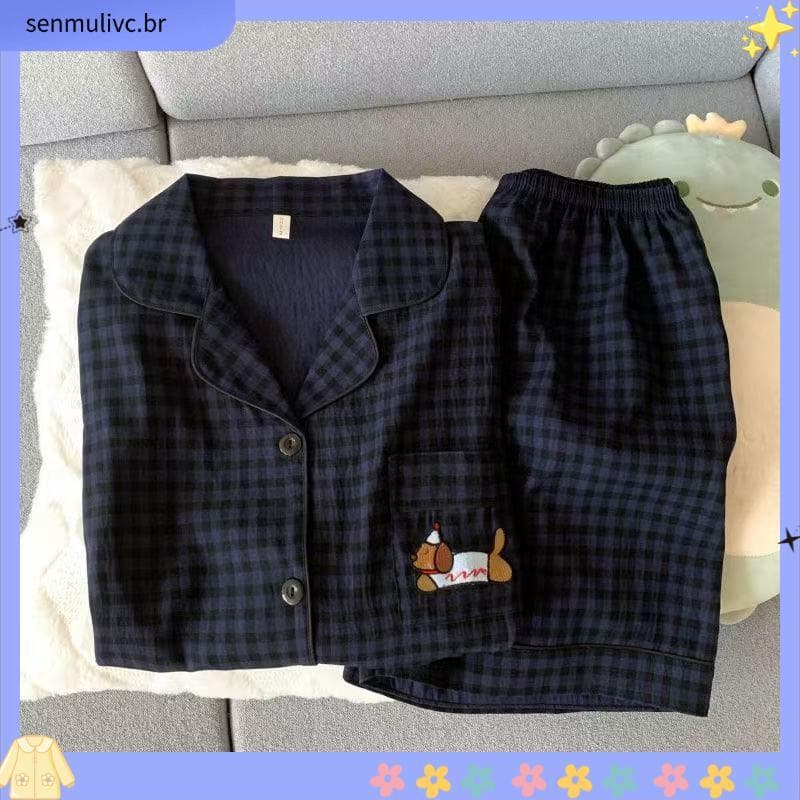 2687 pessoas coleção verão venda quente 2026 novo estilo pijamas femininos Shorts de manga curta preto xadrez bonito fil