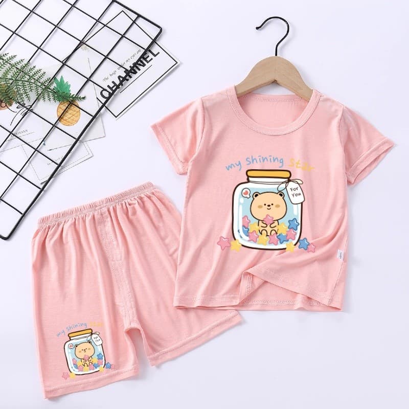 Conjunto De Manga Curta Infantil Com Estampa De Urso Fofo , Pijama Fino De Verão Para Bebê , Camiseta De Ar Condicionado