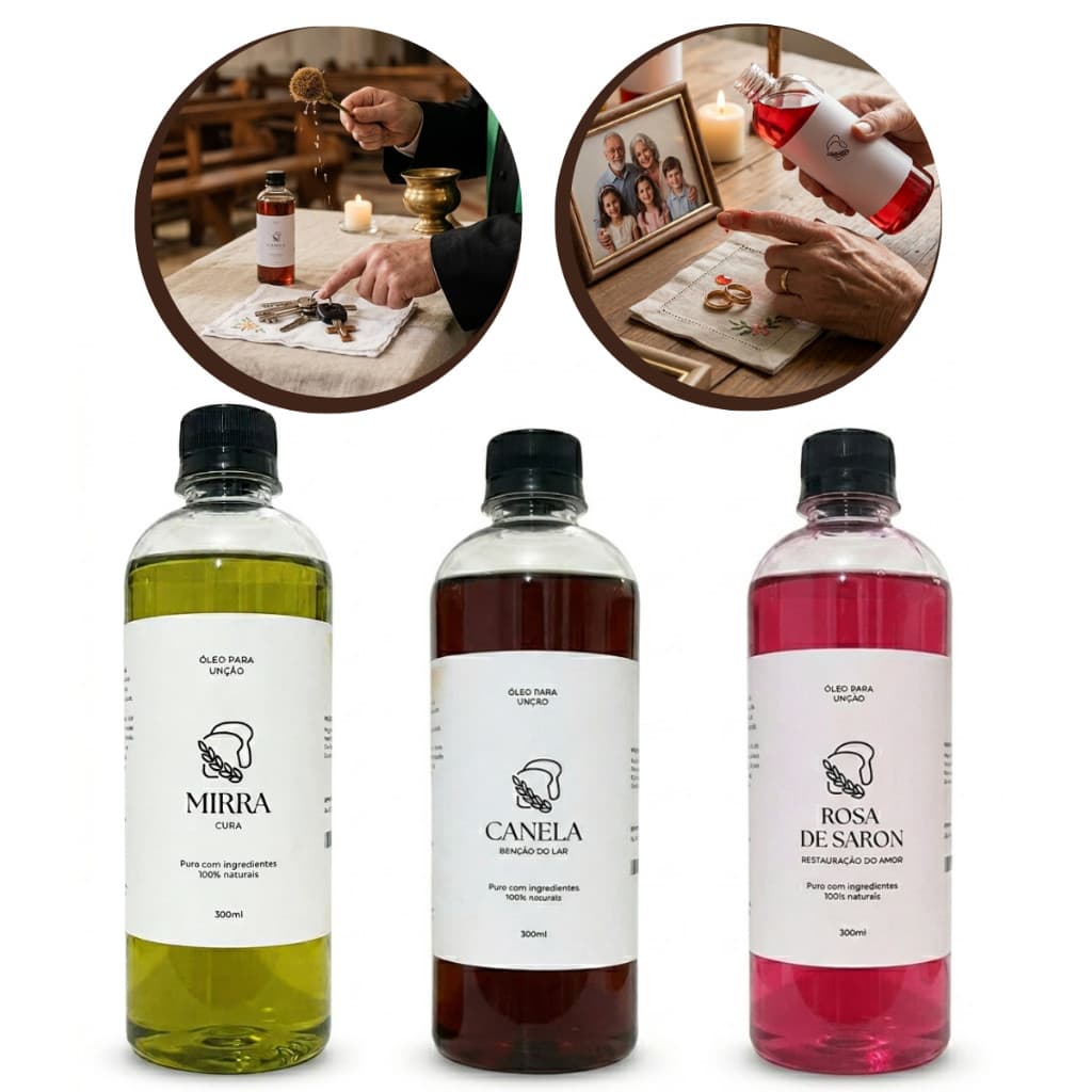 Kit 3 Óleos De Unção 559 ml Mirra Canela Rosa De Saron 100% Natural Aroma Intenso Uso Religioso