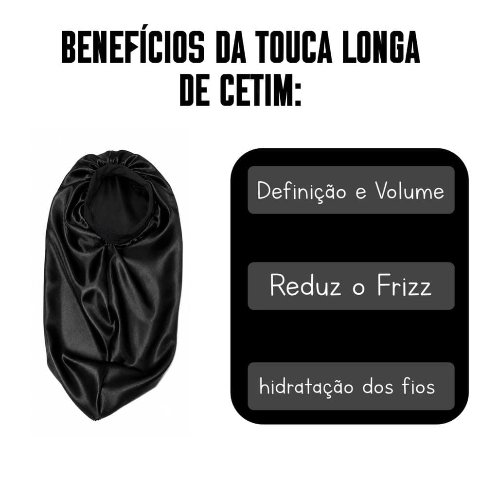 Kit Touca Longa de cetim, Touca de Cetim e Scrunchies Preto