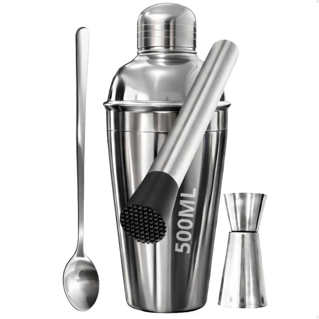 20 KITS COM 4 PECAS - COQUETELEIRA SOCADOR DOSADOR COLHER INOX