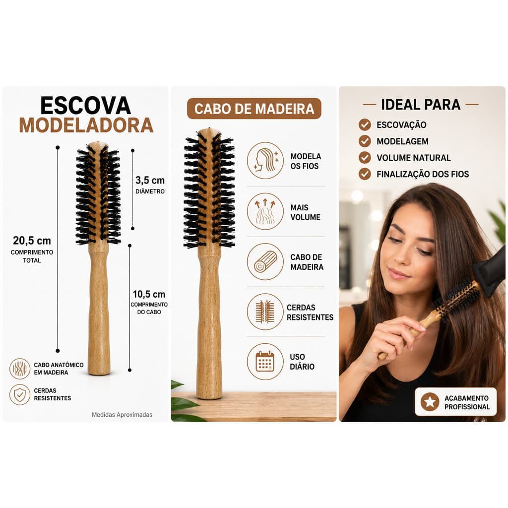 Escova De Cabelo Redonda Cabo Madeira